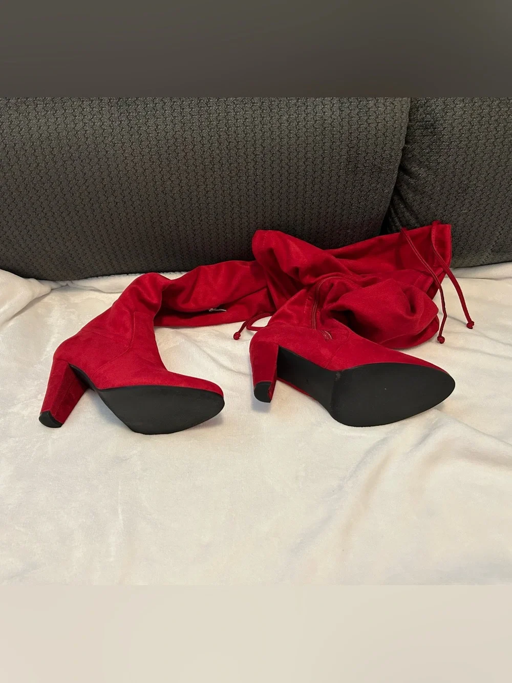Red Over-the-Knee Suede Block Heel Boots